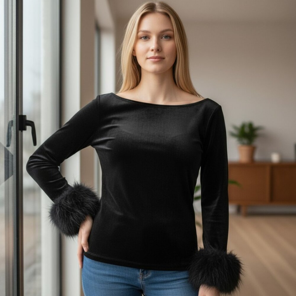 Women's Tops Blouses Fox Fur Fitted Tops Designer Tops Chetta B Black Velvet Med